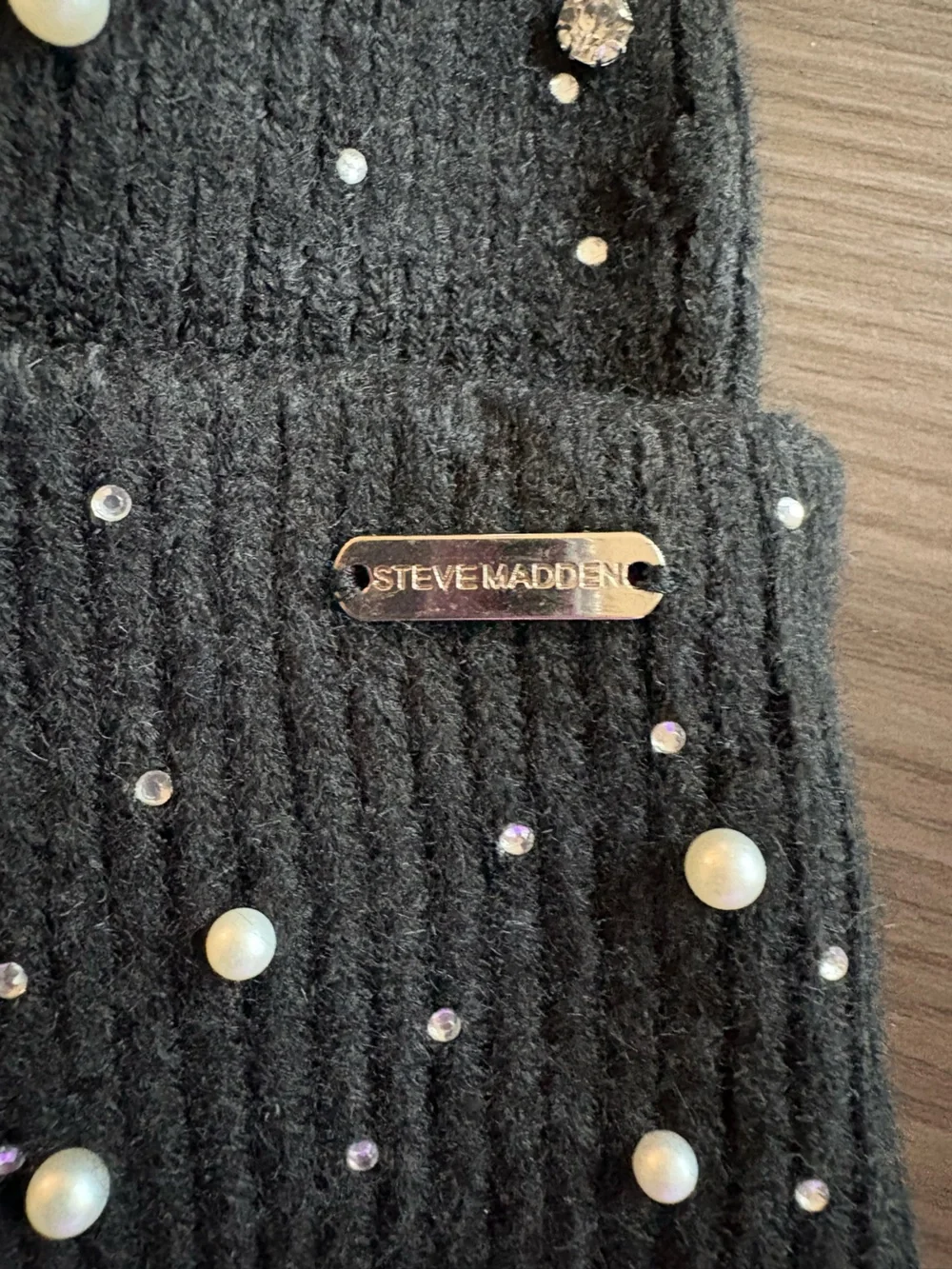 Steve Madden Black Beanie with Faux Fur Pom and Pearl & Rhinestone Accents